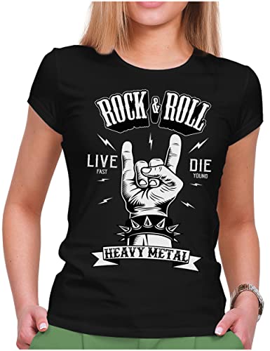 PAPAYANA - Heavy Metal Hand - Damen Fun T-Shirt Bedruckt - Regular Fit - Music Band Punk Rock - Schwarz - Large von PAPAYANA