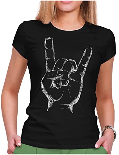PAPAYANA - Heavy Metal Hand - Damen Fun T-Shirt Bedruckt - Regular Fit - Music Band Punk Rock - Schwarz - Small von PAPAYANA