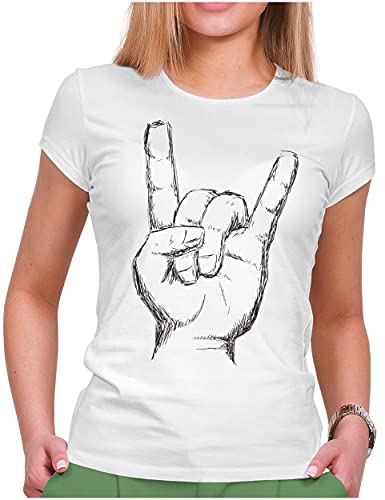 PAPAYANA - Heavy Metal Hand - Damen Fun T-Shirt Bedruckt - Regular Fit - Music Band Punk Rock - Weiß - Large PAPAYANA - Heavy Metal Hand - Damen Fun T-Shirt Bedruckt - Regular Fit - Music Band Punk Rock - Weiß - Large von PAPAYANA