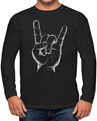 PAPAYANA - Heavy Metal Hand White - Herren Fun Langarm T-Shirt Bedruckt - Regular Fit - Music Band Punk Rock - Schwarz - Large von PAPAYANA