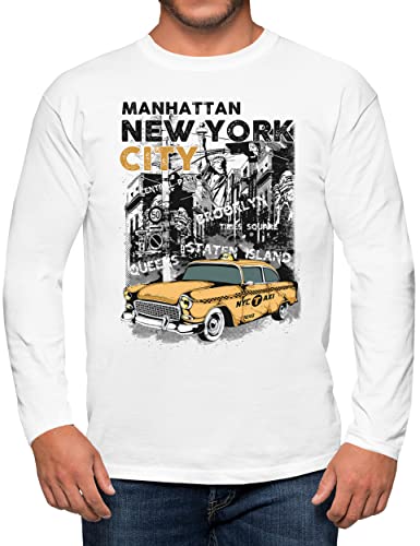 PAPAYANA - New York City Taxi - Herren Fun Langarm T-Shirt Bedruckt - Regular Fit - Oldschool Retro Vintage - Weiß - Large von PAPAYANA