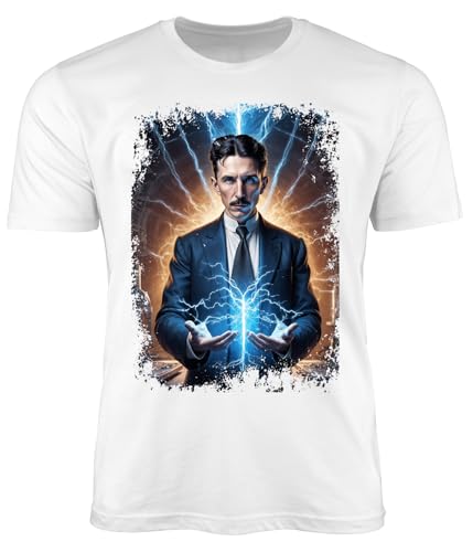 PAPAYANA - Nikola Tesla Energy - Herren Fun Print Baumwolle T-Shirt Bedruckt – Regular Fit – Elektrizität Wissenschaftler Erfindung - Weiß - Large von PAPAYANA