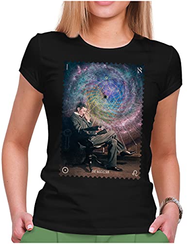 PAPAYANA - Nikola Tesla Magician - Damen Fun T-Shirt Bedruckt - Regular Fit - Erfinder Physiker - Schwarz - Medium von PAPAYANA