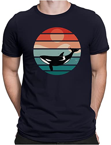 PAPAYANA - Retro Orca - Herren Fun T-Shirt Bedruckt - Regular Fit - Schwertwal Killerwal Wal - Navy - Small von PAPAYANA
