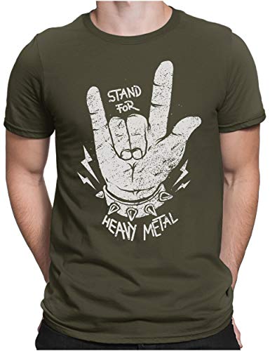 PAPAYANA - Stand for Heavy Metal - Herren Fun T-Shirt Bedruckt Music Band Punk Rock - Large - Oliv von PAPAYANA