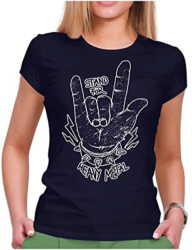 PAPAYANA - Stand for Hevy Metal Hand - Damen Fun T-Shirt Bedruckt - Regular Fit - Music Band Punk Rock - Navy - Medium von PAPAYANA