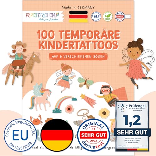 Papierdrachen 100 Kindertattoos zum Aufkleben aus Deutschland - Tattoos mit Fabelwesen und weiteren kindgerechten Designs - als Geburtstagsmitgebsel - vegan - Diversity - Set 16 von Papierdrachen