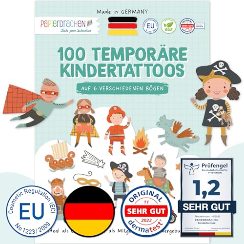 Papierdrachen 100 Kindertattoos zum Aufkleben aus Deutschland - Tattoos mit Heroes und weiteren kindgerechten Designs - als Geburtstagsmitgebsel - vegan - Diversity - Set 15 von Papierdrachen