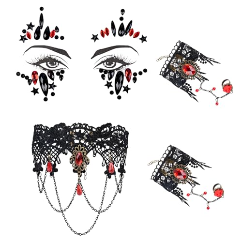 PAPU 4er Halloween Schmuck Set,Vampir Schmuck Gothic Spitze Halskette & Gesicht Edelsteine & Armbänder,Hexen Steampunk Lolita Vampir Kostüm Damen Accessoires für Halloween Karneval Maskerade (Rot) von PAPU