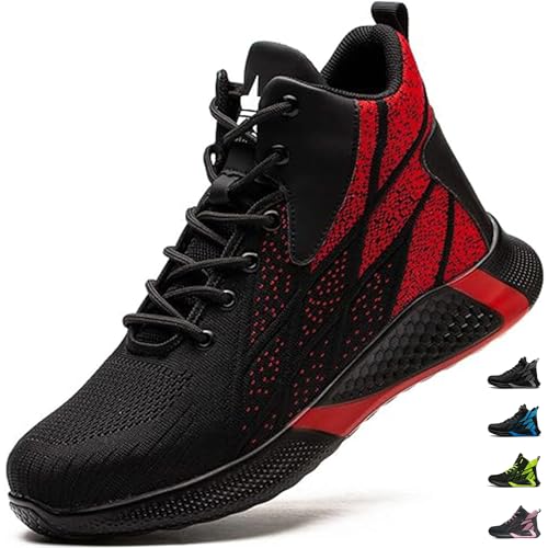 PAQOZKC Sicherheitsstiefel Leicht Herren Damen Arbeitsschuhe Hoch Stahlkappe Atmungsaktiv Sicherheitsschuhe rutschfest Stahlkappenschuhe 8081/Rot 46 von PAQOZKC