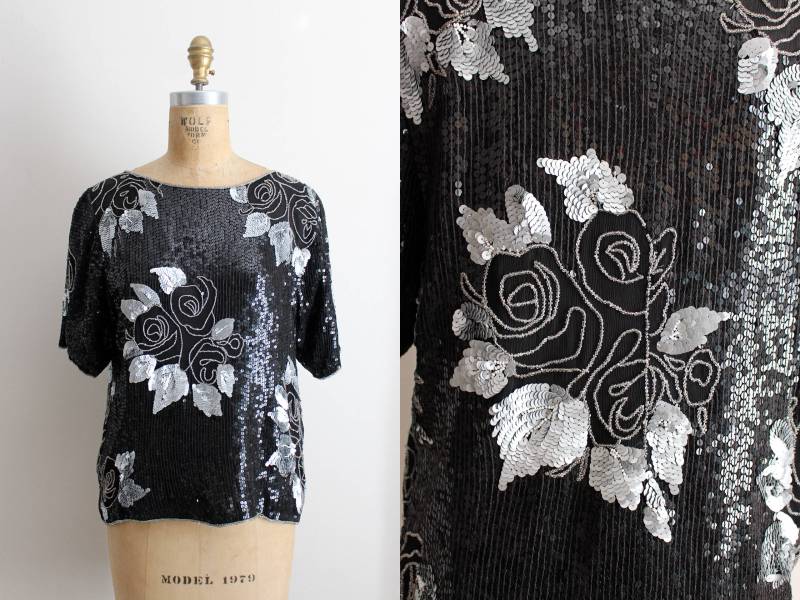 Vintage 80Er Jahre Pailletten Blumen Top/Schwarz Silber Perlen Bluse Art Deco Party Seidenbluse Größe S/M von PARASOLvintage