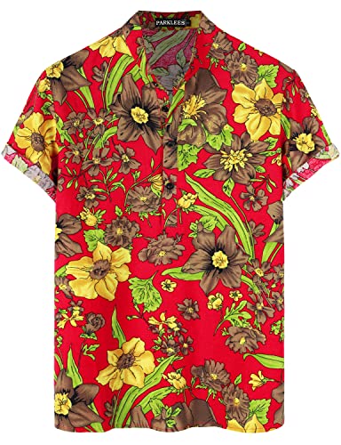 PARKLEES Hawaii-Hemd für Herren, Baumwolle, Leinen, Blumenmuster, lässig, kurzärmelig, Großvater-Kragen, 2-gelb, rot, XXL von PARKLEES