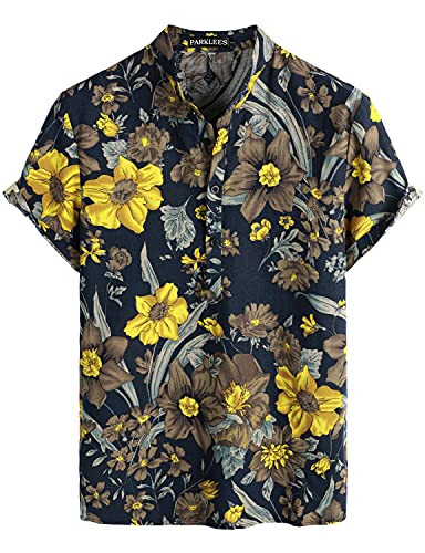 PARKLEES Hawaii-Hemd für Herren, Baumwolle, Leinen, Blumenmuster, lässig, kurzärmelig, Großvater-Kragen, Marineblau, 3XL von PARKLEES