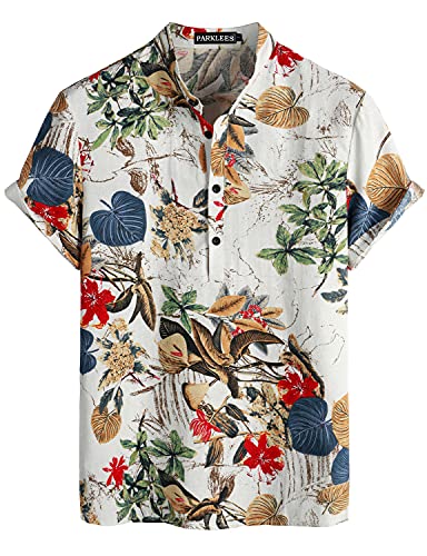 PARKLEES Hawaii-Hemd für Herren, Baumwollleinen, Blumenmuster, lässig, kurzärmelig, Großvater-Kragen Gr. 3XL, weiß / rot von PARKLEES