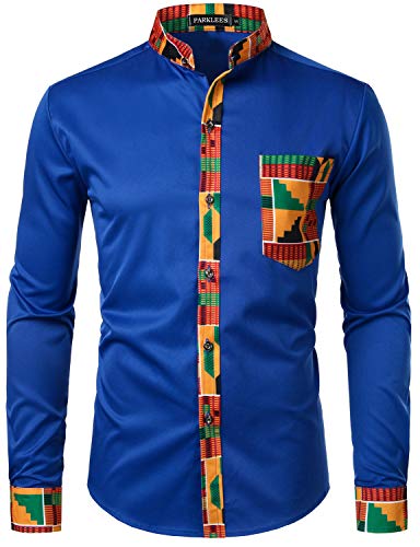 PARKLEES Herren African Tribal Grafik Patchwork Design Slim Fit Langarm Freizeithemd Party Shirt für Männer PZZCL46 Königsblau M von PARKLEES