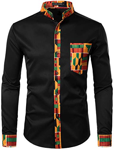 PARKLEES Herren African Tribal Grafik Patchwork Design Slim Fit Langarm Freizeithemd Party Shirt für Männer PZZCL46 Schwarz M von PARKLEES