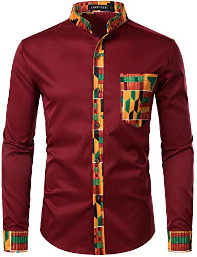 PARKLEES Herren African Tribal Grafik Patchwork Design Slim Fit Langarm Freizeithemd Party Shirt für Männer PZZCL46 Weinrot M von PARKLEES