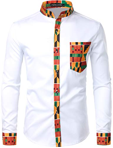 PARKLEES Herren African Tribal Grafik Patchwork Design Slim Fit Langarm Freizeithemd Party Shirt für Männer PZZCL46 Weiß L von PARKLEES