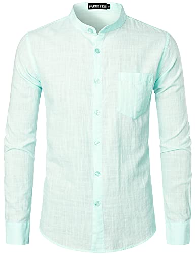 PARKLEES Herren Baumwolle Leinen Langarm Button Up Grandad Kragen Shirts mit Tasche, aqua, L von PARKLEES