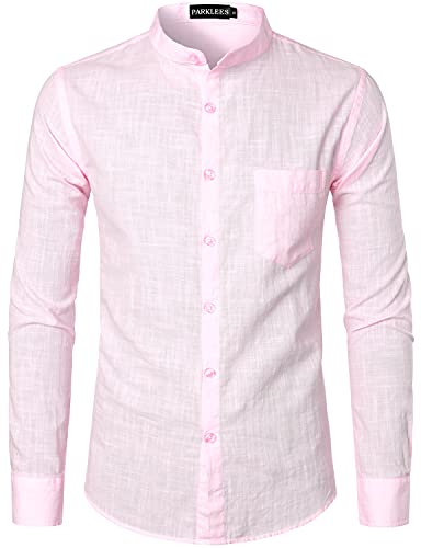 PARKLEES Herren Baumwolle Leinen Langarm Button Up Grandad Kragen Shirts mit Tasche, rose, S von PARKLEES