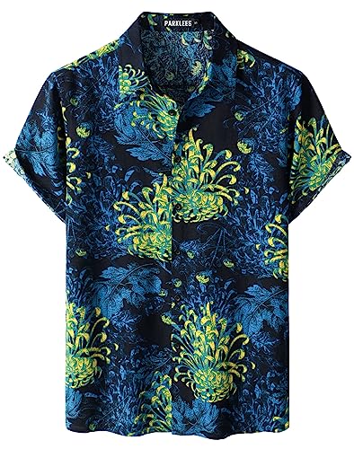 PARKLEES Herren Baumwolle Leinenhemd Floral Blumenmuster Hawaiihemd Casual Kurzarm Button Down Strandhemd EU-PZTAN01 Blau Gelb XXL von PARKLEES