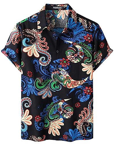 PARKLEES Herren Baumwolle Leinenhemd Floral Blumenmuster Hawaiihemd Casual Kurzarm Button Down Strandhemd EU-PZTAN01 Königsbeige XXL von PARKLEES