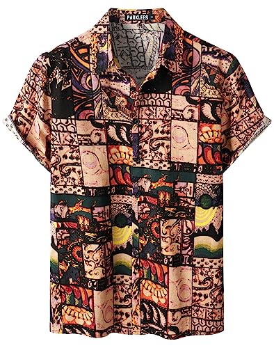 PARKLEES Herren Baumwolle Leinenhemd Funky Blumenmuster Hawaiihemd Casual Kurzarm Button Down Strandhemd EU-PZTAN01 Khaki Mehrfarbig S von PARKLEES