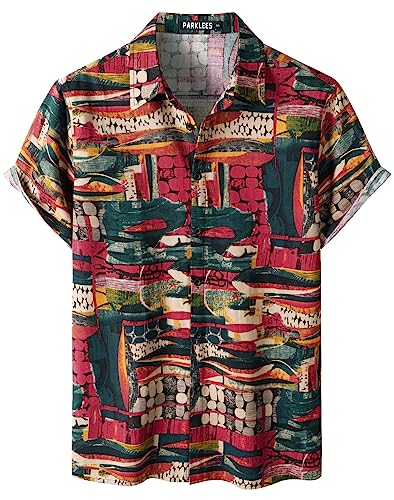 PARKLEES Herren Baumwolle Leinenhemd Funky Blumenmuster Hawaiihemd Casual Kurzarm Button Down Strandhemd EU-PZTAN01 Rot Mehrfarbig L von PARKLEES