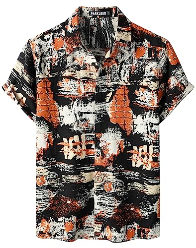 PARKLEES Herren Baumwolle Leinenhemd Funky Blumenmuster Hawaiihemd Casual Kurzarm Button Down Strandhemd EU-PZTAN01 Schwarz Orange M von PARKLEES