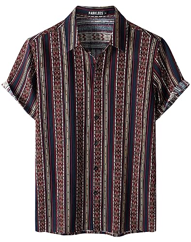 PARKLEES Herren Baumwolle Leinenhemd Gestreift Blumenmuster Hawaiihemd Casual Kurzarm Button Down Strandhemd EU-PZTAN01 Marine Gelb XL von PARKLEES