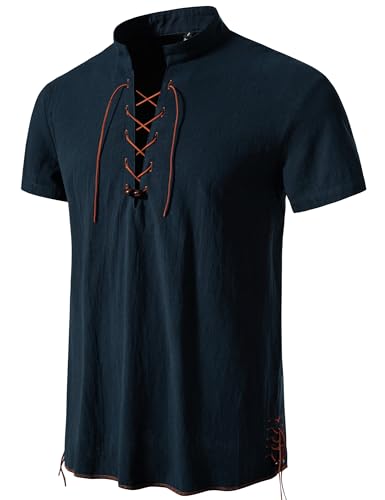 PARKLEES Herren Baumwolle Retro Lace Up Kurzarm Shirts für Renaissance Pirat Wikinger Mittelalter, navy, S PARKLEES Herren Baumwolle Retro Lace Up Kurzarm Shirts für Renaissance Pirat Wikinger Mittelalter, navy, S von PARKLEES