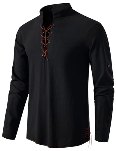 PARKLEES Herren Baumwolle Retro Lace Up Langarm Shirts für Renaissance Pirat Wikinger Mittelalter, leder schwarz, L PARKLEES Herren Baumwolle Retro Lace Up Langarm Shirts für Renaissance Pirat Wikinger Mittelalter, leder schwarz, L von PARKLEES