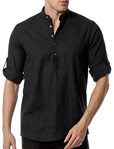 PARKLEES Herren Baumwolle wie Leinen Henley Shirt Casual Atmungsaktiv Langarm Hippie Strand Shirts, Schwarz , M von PARKLEES