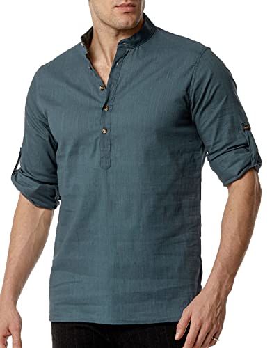 PARKLEES Herren Baumwolle wie Leinen Henley Shirt Casual Atmungsaktiv Langarm Hippie Strand Shirts, blau - peacock blue, S von PARKLEES