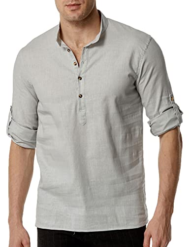 PARKLEES Herren Baumwolle wie Leinen Henley Shirt Casual Atmungsaktiv Langarm Hippie Strand Shirts, hellgrau, L von PARKLEES