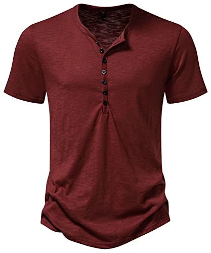 PARKLEES Herren Casual Baumwolle Kurzarm Henley Hemd Slim Fit Leichtes Bequemes T-Shirt Tops PPPB19 Burgund S von PARKLEES