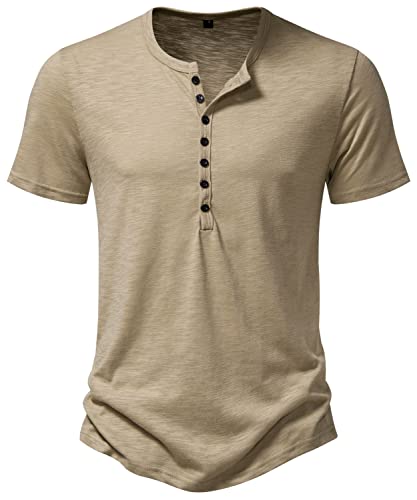 PARKLEES Herren Casual Baumwolle Kurzarm Henley Hemd Slim Fit Leichtes Bequemes T-Shirt Tops PPPB19 Khaki XXL von PARKLEES