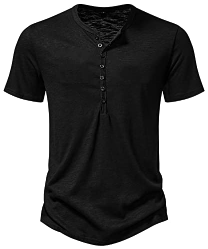 PARKLEES Herren Casual Baumwolle Kurzarm Henley Hemd Slim Fit Leichtes Bequemes T-Shirt Tops PPPB19 Schwarz S von PARKLEES