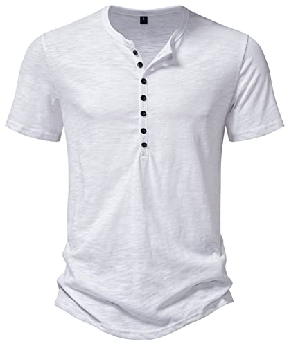 PARKLEES Herren Casual Baumwolle Kurzarm Henley Hemd Slim Fit Leichtes Bequemes T-Shirt Tops PPPB19 Weiß L von PARKLEES