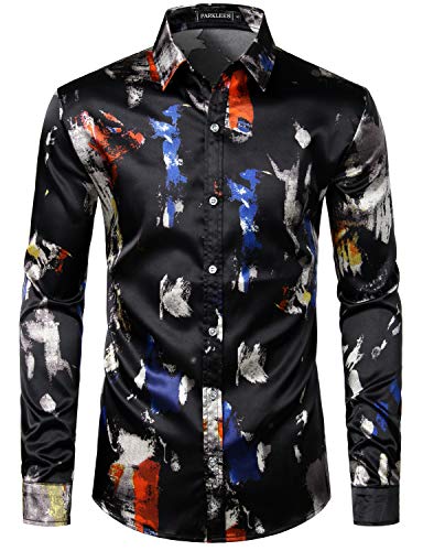 PARKLEES Herren Casual Luxus Bedruckt Seide Like Satin Button Down Kleid Shirt für Party Hochzeit, CL12-schwarz, L von PARKLEES