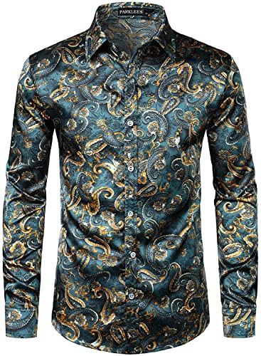 PARKLEES Herren Casual Luxus Bedruckt Seide Like Satin Button Down Kleid Shirt für Party Hochzeit, Pzlcl31-101-Blaugrün, S von PARKLEES