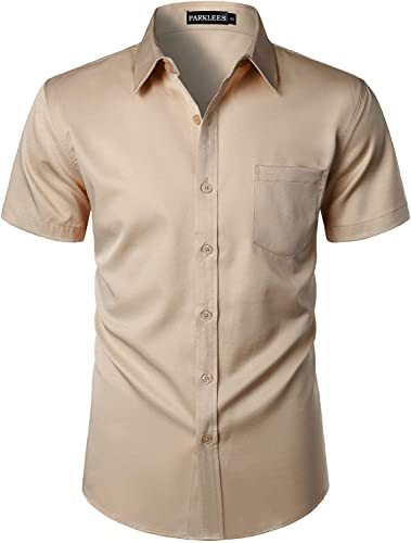 PARKLEES Herren Casual Urban Stylish Slim Fit Kurzarm Knopfleiste Kleid Hemd mit Tasche, khaki, XL von PARKLEES