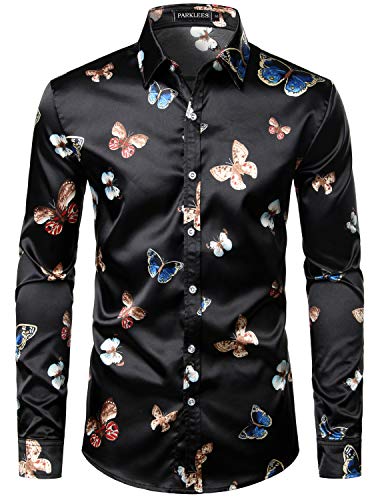 PARKLEES Herren Casual Luxus Bedruckt Seide Like Satin Button Down Kleid Shirt für Party Hochzeit, Cl15-Schwarz, S von PARKLEES