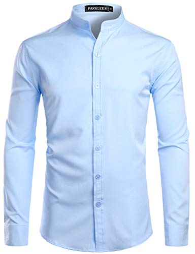 PARKLEES Herren Einfarbig Slim Fit Bügelleicht Langarm Stehhkragen Hemd Business Freizeithemd CL08 Hellblau L von PARKLEES