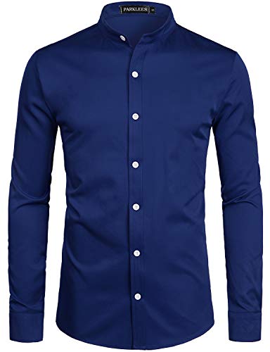 PARKLEES Herren Einfarbig Slim Fit Bügelleicht Langarm Stehhkragen Hemd Business Freizeithemd CL08 Navy XL von PARKLEES