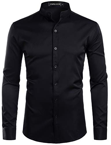 PARKLEES Herren Einfarbig Slim Fit Bügelleicht Langarm Stehhkragen Hemd Business Freizeithemd CL08 Reines Schwarz L von PARKLEES