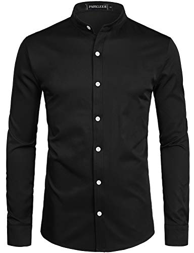 PARKLEES Herren Einfarbig Slim Fit Bügelleicht Langarm Stehhkragen Hemd Business Freizeithemd CL08 Schwarz M von PARKLEES