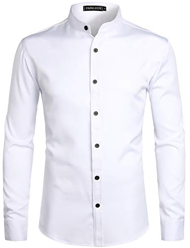 PARKLEES Herren Einfarbig Slim Fit Bügelleicht Langarm Stehhkragen Hemd Business Freizeithemd Weiß S von PARKLEES