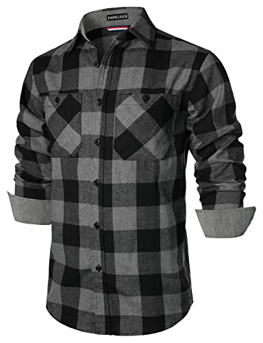 PARKLEES Herren-Fleece-Shirts mit Knopfleiste, klassisch, stilvoll, normale Passform, lässig, langärmelig, mit Knopfleiste, Grau / Schwarz, S von PARKLEES