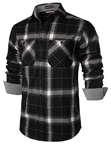 PARKLEES Herren Classic Stylish Regular Fit Casual Langarm Button Up Plaid Fleece Shirts mit Tasche, Schwarz , M von PARKLEES